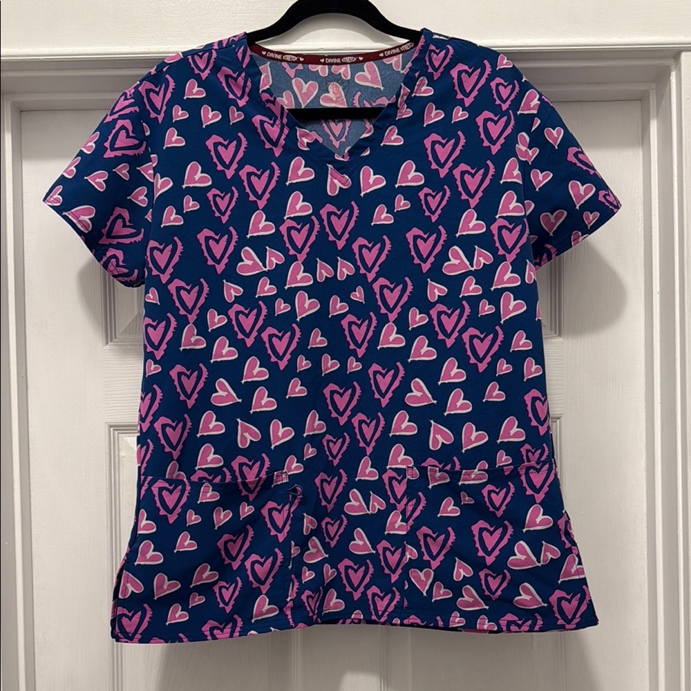 Scrub Top Heart Patterned Blue and Pink